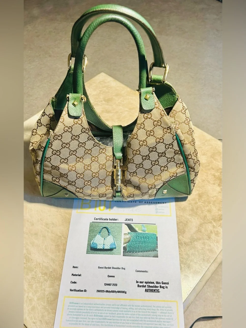 Gucci Jackie Bardot GG Hobo Shoulder
Bag - Green Leather Trim - Gold Hardware - Picture 6 of 16